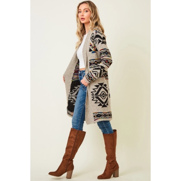 Taupe Multi Color Aztec Tribal Native Western Boho Open Cardigan Sweater - Picture 8 of 10